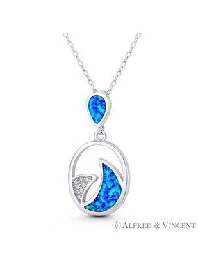 Shark Fin Sealife Charm Created Opal & CZ Crystal Pendant in 925 Sterling Silver